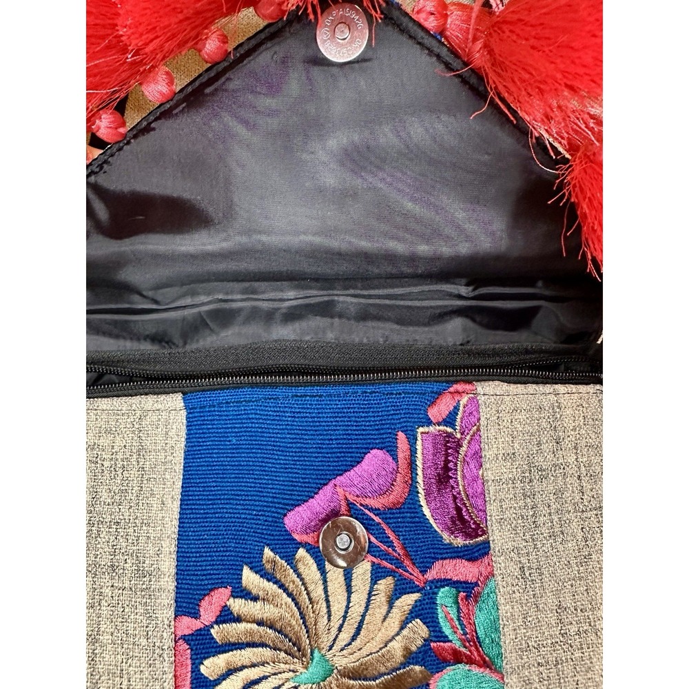 Handmade Mexican Floral Colorful Embroidered Pom Pom Clutch Purse Crossbody Bag - Picture 8 of 9